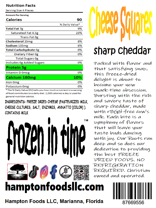 Hampton Foods' Sharp Cheddar Cheese Squares! Are you ready to elevate your snacking game to a whole new level? Look no further than Hampton Foods' brand-new creation – Sharp Cheddar Cheese Squares! Packed with flavor and that satisfying snap, this freeze-dried delight is about to become your new snack-time obsession.