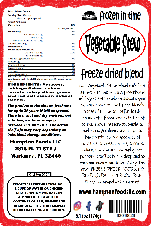 Hampton Foods': Vegetable Stew Blend! Unveil the secret to quick and flavorful meals with our all-new Vegetable Stew Blend – a culinary masterpiece that combines the goodness of potatoes, cabbage, onions, carrots, celery, and vibrant red and green peppers. It's the perfect medley of flavors!