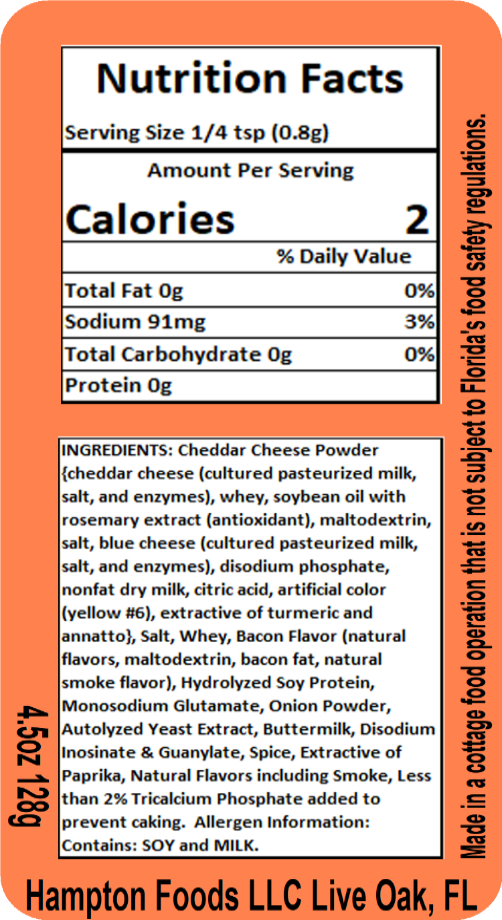 Bacon Cheddar Popcorn Seasoning, a Highly Aromatic and Flavorful Blend. Cheesy Aroma and Flavor with Smoky and Bacon notes. Easy to use! For Best Flavor Attitude, Apply to Hot Popcorn, Even Better Coated in Oil.