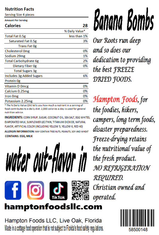 Banana Bombs, Hampton Foods Freeze Dried Salt Water Taffy has a crispy crunch and full of banana flavor that melts in your mouth like cotton candy. This item comes in a triple sealed, resealable 1.6oz bag.