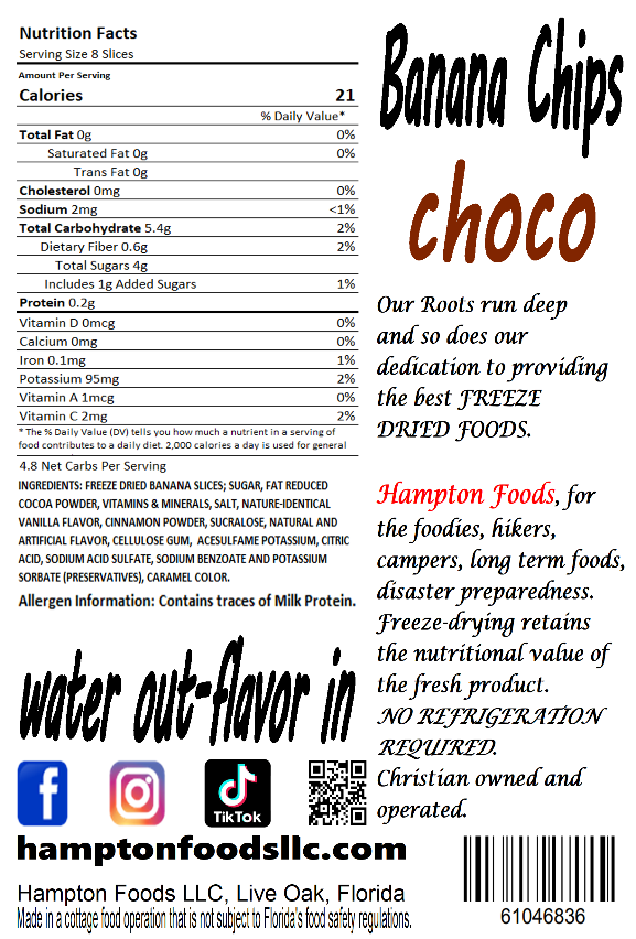 Choco Banana Chips are freeze dried banana slices generously sprinkled with a cocoa powder blend.