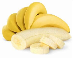 Peeled banana with three slices beside it and five unpeeled bananas placed behind the afore mentioned.