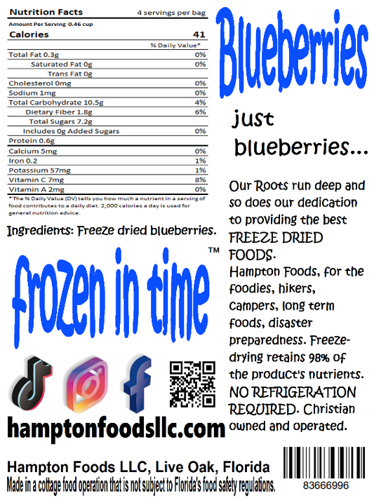 Discover the power of nature with Hampton Foods' Blueberries! Our freeze-dried berries are the perfect way to enjoy the fruit's natural sweetness and nutritious goodness in a convenient, resealable snack bag. Enjoy a handful straight up, or add them to yogurt, salad, ice cream and cereal for a delicious blast of flavor and nutrition.