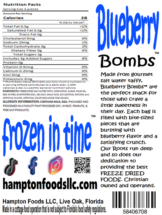 Are you tired of bland and boring snacks that leave you feeling unsatisfied? Look no further than Hampton Foods' Blueberry Bombs™! Our freeze-dried Blueberry Bombs™ are the ultimate combination of sweet and crunchy, giving you a taste explosion with every bite.