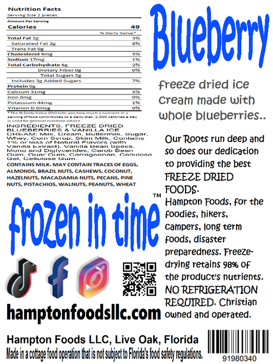 Our Blueberry Ice Cream is the ultimate snack that will tantalize your taste buds. The creamy goodness is condensed into a light crunch that you won't be able to resist. Plus, with the whole blueberries mixed in, you get an extra burst of flavor with every bite.