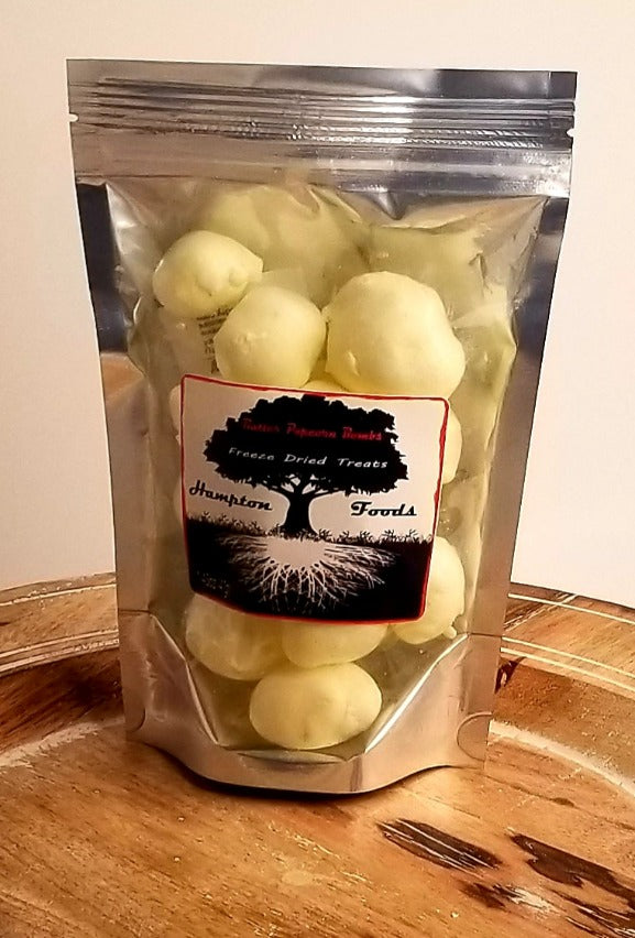 Buttered Popcorn Bombs isn't your ordinary freeze dried saltwater taffy. It's a unique flavor, just like the popcorn you get at the movie. Grab a bag on the go or enjoy while watching your favorite movie. This item comes in a 1.45oz triple sealed, resealable bag with an easy tear top.