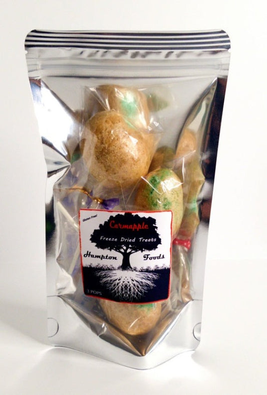 Carmapple is a freeze dried caramel and green apple flavored pop! A surprising airy crunch to a sweet and sour treat!