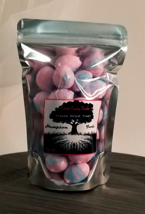 Cotton Candy Bombs isn't your ordinary freeze dried saltwater taffy. It is a gourmet saltwater taffy with a unique flavor, just like the cotton candy you get at the carnival. Grab a bag on the go or enjoy while watching your favorite movie. This item comes in a 1.60oz triple sealed, resealable bag with an easy tear top.