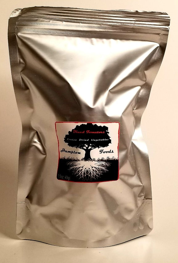 Diced Tomatoes, Hampton Foods freeze dried tomatoes make a delicious snack by the handful straight out of the bag, a FAVORITE! This item comes in a triple sealed mylar bag with an oxygen absorber for long term storage. When rehydrated, the 1.5 ounce bag is equal to 9 servings.