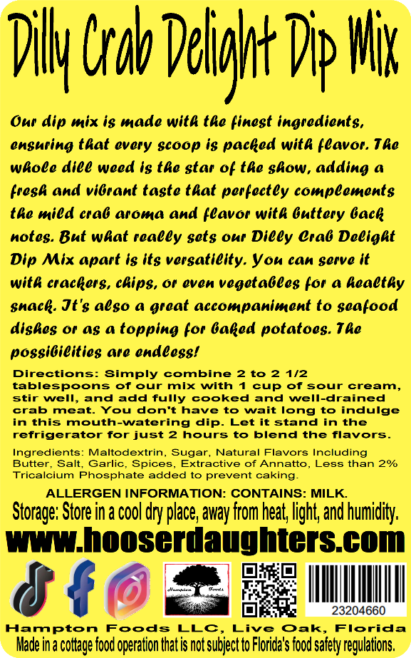 Our dip mix is made with the finest ingredients, ensuring that every scoop is packed with flavor. The whole dill weed is the star of the show, adding a fresh and vibrant taste that perfectly complements the mild crab aroma and flavor with buttery back notes. It's a winning combination that will have your taste buds begging for more!