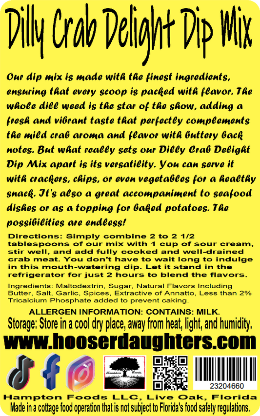 Our dip mix is made with the finest ingredients, ensuring that every scoop is packed with flavor. The whole dill weed is the star of the show, adding a fresh and vibrant taste that perfectly complements the mild crab aroma and flavor with buttery back notes. It's a winning combination that will have your taste buds begging for more!