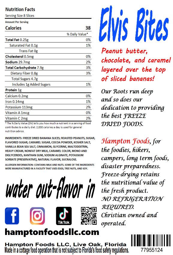 Banana Chips are a sweet, crispy, easy, healthy snack for those on the go or added to your favorite trail mix, hot oatmeal, ice cream, or cookie dough. Whether you like dehydrated or freeze-dried bananas, Hampton Foods has you covered; Choco Banana Chips are generously sprinkled with cocoa, while the Elvis Bites, a nod to a favorite snack of the King of Rock-n-Roll, are flavored with peanut butter, chocolate, sea salt, and caramel. They come in a triple sealed, resealable bag.