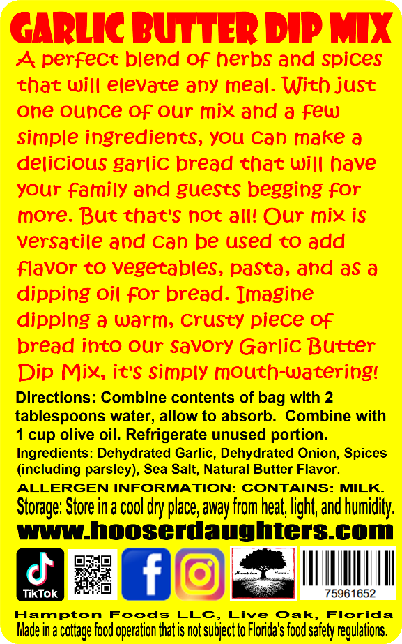 Our Garlic Butter Dip Mix is the perfect blend of herbs and spices that will elevate any meal. With just one ounce of our mix and a few simple ingredients, you can make a delicious garlic bread that will have your family and guests begging for more.