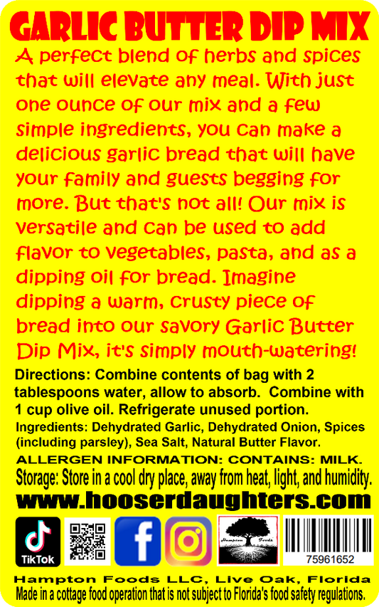 Our Garlic Butter Dip Mix is the perfect blend of herbs and spices that will elevate any meal. With just one ounce of our mix and a few simple ingredients, you can make a delicious garlic bread that will have your family and guests begging for more.