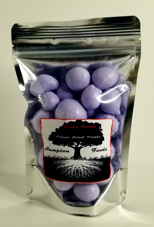 Grape Bombs, Hampton Foods Freeze Dried Salt Water Taffy that is a crispy crunch and full of grape flavor that melts in your mouth like cotton candy. This item comes in a triple sealed, resealable 1.5oz bag.