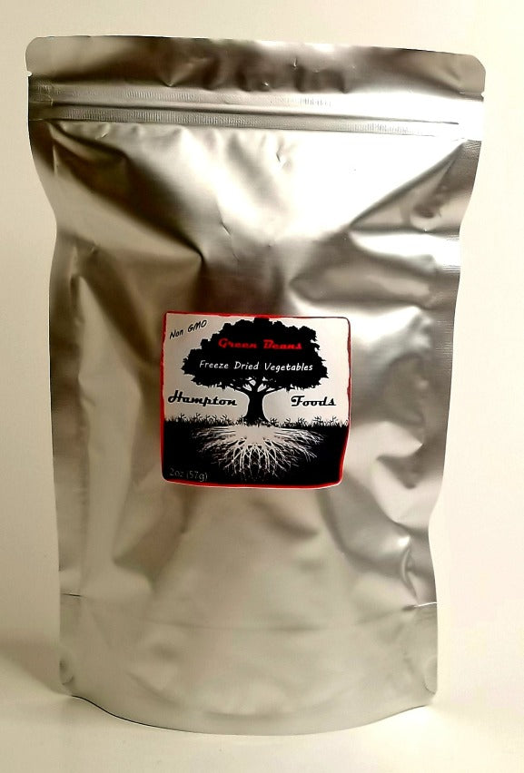 Hampton Foods Freeze Dried Green Beans, rehydrate now or decades later. Eat by the handful right out of the bag with your favorite seasoning! This is one you will talk about......comes in a 7"X10" triple sealed 1qt mylar bag. Shelf stable for 25 to 30 YEARS when in a controlled environment and unopened. This 2 ounce bag contains the equivalent of 12 ounces of fresh green beans, just under a pound when rehydrated and ready for use.