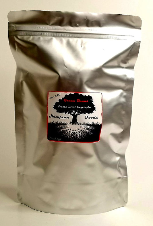 Hampton Foods Freeze Dried Green Beans, rehydrate now or decades later. Eat by the handful right out of the bag with your favorite seasoning! This is one you will talk about......comes in a 7"X10" triple sealed 1qt mylar bag. Shelf stable for 25 to 30 YEARS when in a controlled environment and unopened. This 2 ounce bag contains the equivalent of 12 ounces of fresh green beans, just under a pound when rehydrated and ready for use.