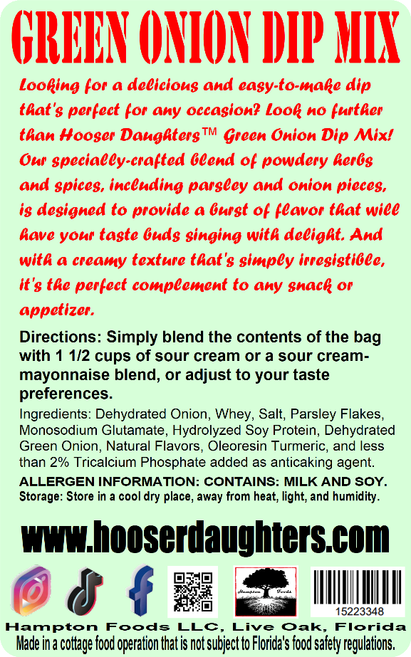 Looking for a delicious and easy-to-make dip that's perfect for any occasion? Look no further than Hooser Daughters™ Green Onion Dip Mix! Our specially-crafted blend of powdery herbs and spices, including parsley and onion pieces, is designed to provide a burst of flavor that will have your taste buds singing with delight. And with a creamy texture that's simply irresistible, it's the perfect complement to any snack or appetizer.