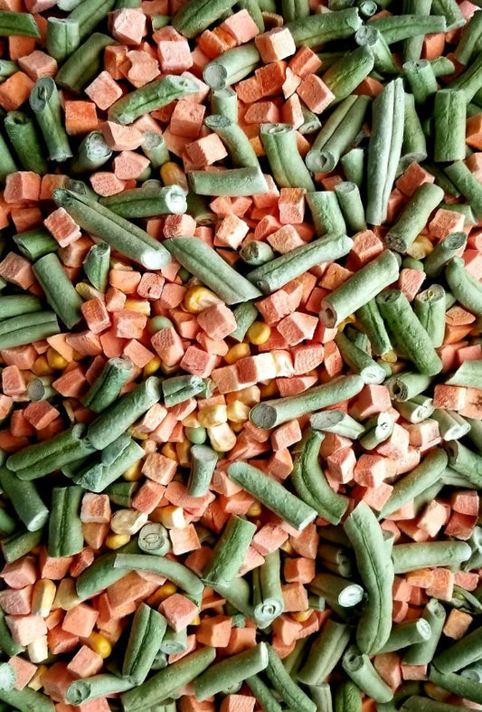 Mixed Veggies, a freeze dried vegetable mix of corn, carrots, cut green beans, and peas. The vegetable mix is a wonderful addition to any meal or can be used in a soup, stir fry, stews, casseroles, and more.