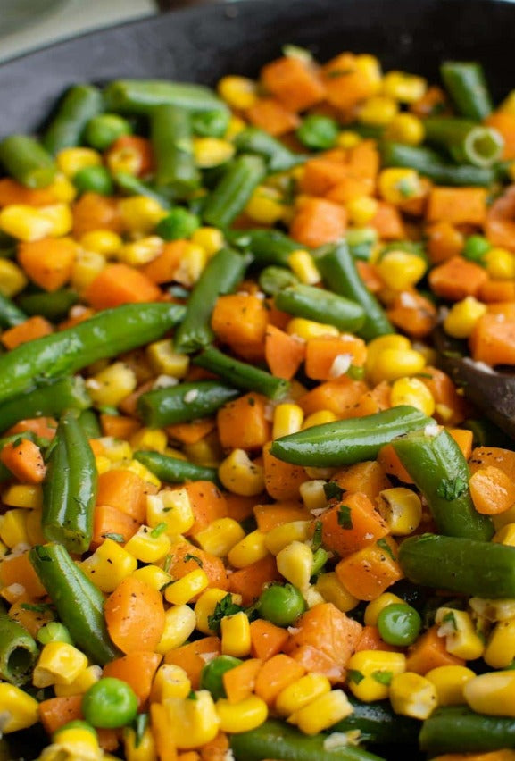Mixed Veggies, a freeze dried vegetable mix of corn, carrots, cut green beans, and peas. The vegetable mix is a wonderful addition to any meal or can be used in a soup, stir fry, stews, casseroles, and more.