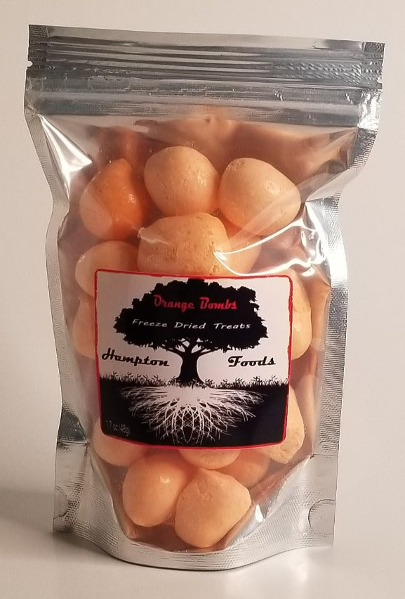Orange Bombs, Hampton Foods freeze dried salt water taffy with a sweet and creamy orange flavor with an amazing crunch that will keep you coming back whenever the cravings hit you! This item comes in a triple sealed, resealable 5x8 bag, 1.3 ounces.