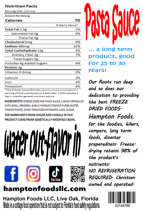 Pasta Sauce rear label