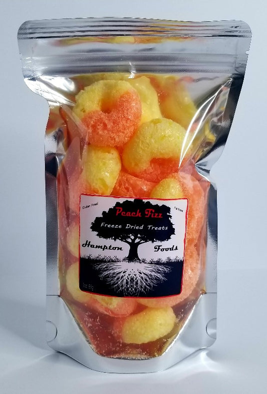 Peach Fizz is a Hampton Foods freeze dried version of gummy peach rings candy. A bite of peach without the juice running down your chin! Comes in a 3oz triple sealed, resealable bag.