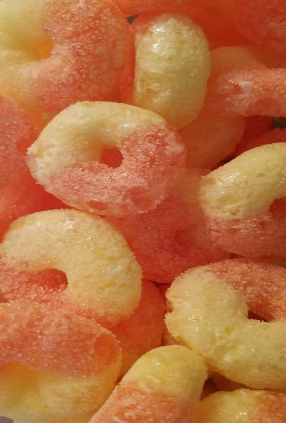 Peach Fizz is a Hampton Foods freeze dried version of gummy peach rings candy. A bite of peach without the juice running down your chin! Comes in a 3oz triple sealed, resealable bag.