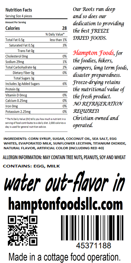 Peppermint Bombs has just the right amount of flavor without overpowering your taste buds. The classic white with a red striped design is hard to beat, containing egg whites and milk for a creamy, melt-in-your-mouth taste and texture that is without comparison. This gourmet freeze dried Peppermint taffy tastes better than Christmas morning!