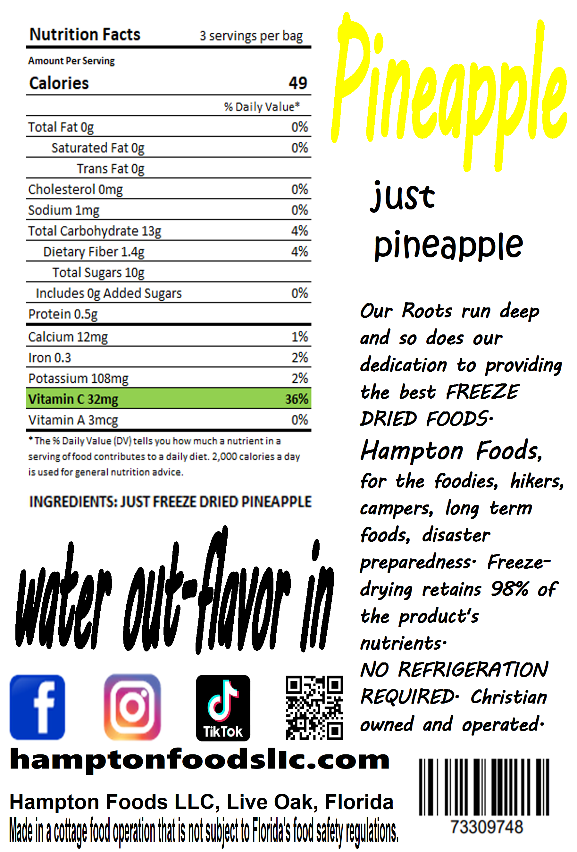 Pineapple is a perfect snack for on the go or just put some in your favorite smoothies in the morning for a delicious breakfast. They can also be used as toppings on yogurt, ice cream and more. A healthy freeze dried treat! Packaged in a triple sealed, resealable bag.