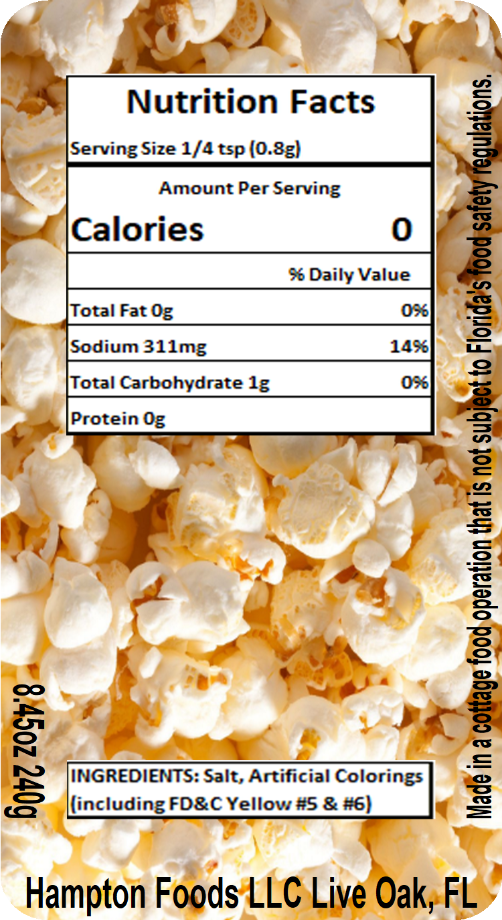 Popcorn Salt, a Fine Grain Popcorn Salt with Traditional Orange Color. Easy to use, a Little Goes a Long Way! For Best Flavor Attitude, Apply to Hot Popcorn, Even Better Coated in Oil.