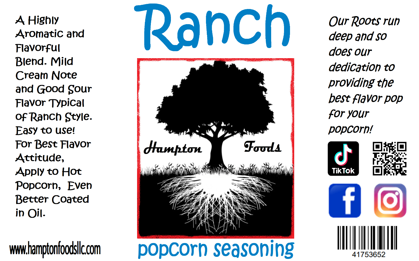 Ranch Popcorn Seasoning, a Highly Aromatic and Flavorful Blend. Mild Cream Note and Good Sour Flavor Typical of Ranch Style. Easy to use! For Best Flavor Attitude, Apply to Hot Popcorn, Even Better Coated in Oil.