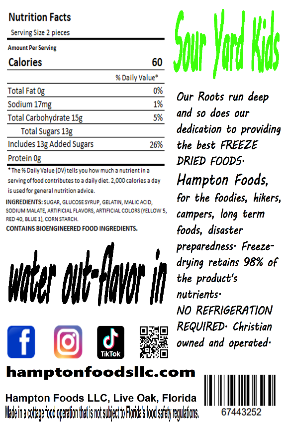 Sour Yard Kids, their sour then sweet! A freeze dried marshmallow treat with a sour sugar coating. Random Assorted Flavors: Redberry, Lime, Blue Raspberry, Lemon, & Orange.