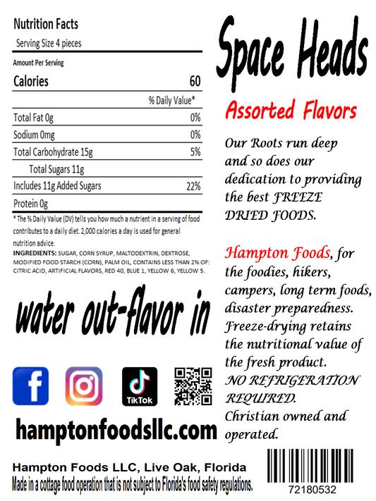 Space Heads, nothing beats the tremendously tangy, light crunch of the assorted fruit flavored pieces of delightful candy - so you can enjoy solo or share with friends. Either way your mouth will thank you. Comes in a triple sealed, resealable bag.