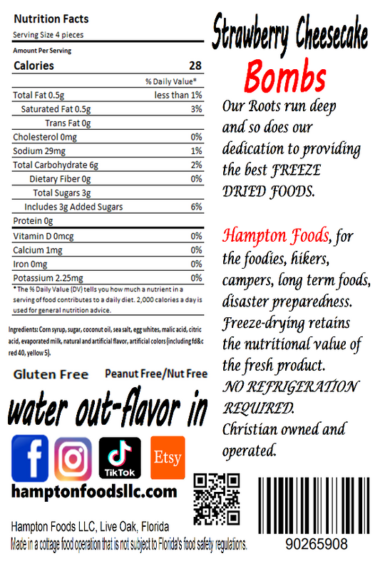 Strawberry Cheesecake Bombs are a freeze dried treat that you won't soon forget! If you love strawberries and you love cheesecake, it’s impossible not to love Hampton Foods freeze dried Strawberry Cheesecake Bombs (salt water taffy). Worry no more about taking the time to whip up a cheesecake and cut up strawberries, simply enjoy the same fresh fruity creamy flavor with Strawberry Cheesecake Bombs. Comes in a triple sealed, resealable bag. 1.65 dry oz