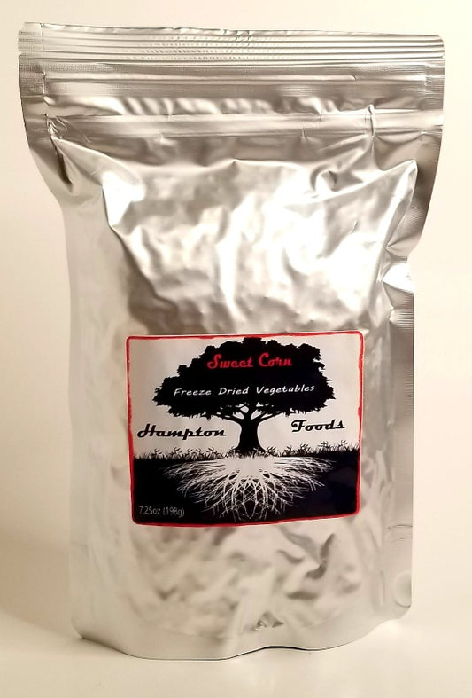 Hampton Foods Freeze Dried Sweet Corn, rehydrate and you have corn as fresh as off the cob or you can eat by the handful right out of the bag with your favorite seasoning! This is one you will talk about......comes in a 7"X10" triple sealed 1qt mylar bag. Shelf stable for 25 to 30 YEARS when in a controlled environment and unopened. Net 7.25 dry ounces.