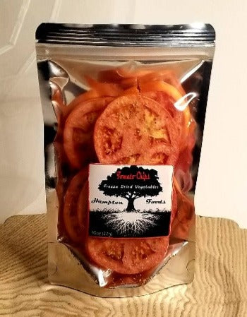Tomato Chips, fresh tomato slices freeze dried then lightly seasoned with salt and pepper. Comes in a triple sealed, resealable window bag. The .95oz finished product is equal to one whole tomato.