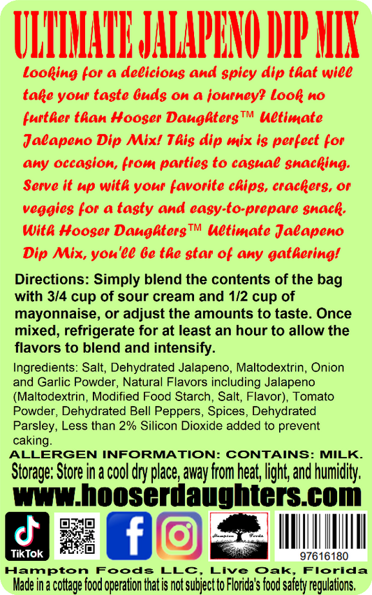 Our dip mix offers an excellent jalapeno flavor that is sure to satisfy even the most discerning of taste buds. Simply blend the contents of the bag with 3/4 cup of sour cream and 1/2 cup of mayonnaise, or adjust the amounts to taste. Once mixed, refrigerate for at least an hour to allow the flavors to blend and intensify.