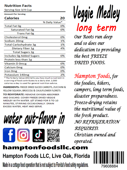 Veggie Medley, contains freeeze dried sliced carrots, zucchini & yellow squash, broccoli & cauliflower floret. Comes in a 7 mil mylar bag with a 300cc O2 absorber for long term storage (25 plus years) no refrigeration required.