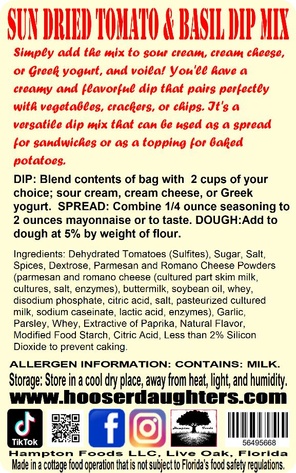 Our dip mix is carefully crafted to deliver the perfect balance of flavors, with a low salt level that makes it a healthy and guilt-free snack option. Whether you're hosting a party or just looking for a quick and easy snack, Hooser Daughters™ Sun Dried Tomato & Basil Dip Mix is sure to impress.