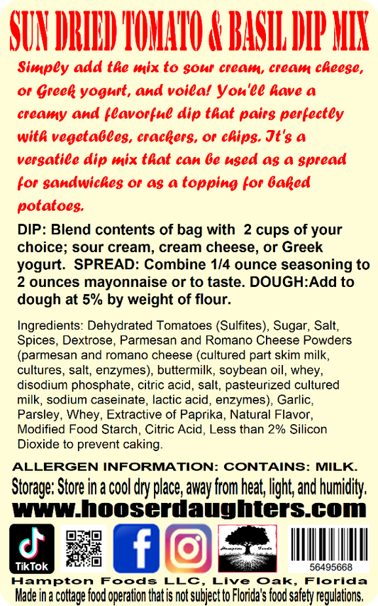 Our dip mix is carefully crafted to deliver the perfect balance of flavors, with a low salt level that makes it a healthy and guilt-free snack option. Whether you're hosting a party or just looking for a quick and easy snack, Hooser Daughters™ Sun Dried Tomato & Basil Dip Mix is sure to impress.