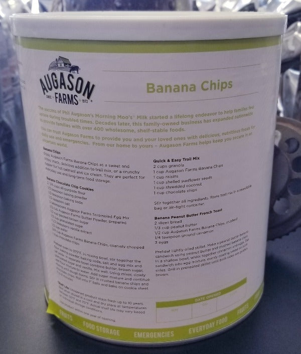 Enjoy Augason Farms Banana Chips as a sweet and crispy snack, delicious addition to trail mix, or a crunchy topper for hot oatmeal and ice cream. They are perfect for everyday use and long-term food storage. • Tasty, on-the-go snack • Add to smoothies, cereals, desserts, and trail mix • Store with 72-hour emergency kit