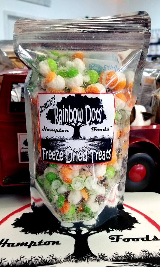 Rainbow Dots Screechers™ - Freeze-Dried Candy Sensation! Unleash the thrill of flavor with Hampton Foods' latest innovation - Rainbow Dots Screechers™! Your favorite candy transformed into crunchy delights, preserving their intense flavors. A Surprise in Every Bite: Buckle up for a taste adventure!