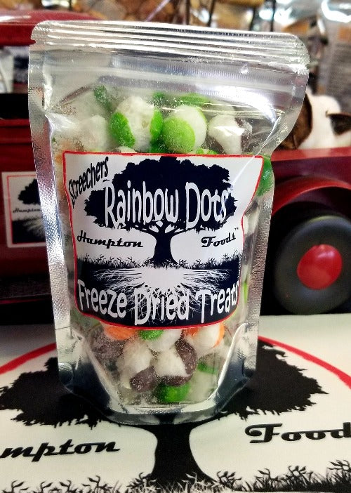 Rainbow Dots Screechers™ - Freeze-Dried Candy Sensation! Unleash the thrill of flavor with Hampton Foods' latest innovation - Rainbow Dots Screechers™! Your favorite candy transformed into crunchy delights, preserving their intense flavors. A Surprise in Every Bite: Buckle up for a taste adventure!