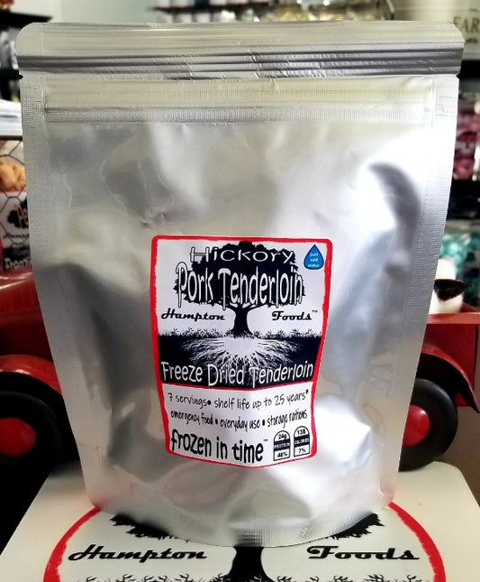 Hampton Foods': Freeze Dried Pork Tenderloin with All-Natural Hickory Smoke Flavor! Looking for a premium solution to your everyday meals, emergency preparedness, or long-term food storage needs? Look no further than Hampton Foods' Freeze Dried Pork Tenderloin, infused with the irresistible taste of all-natural hickory smoke!