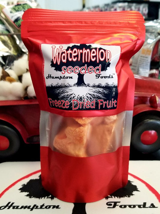 Get ready to enjoy the taste of summer all year round with Hampton Foods' all natural freeze-dried Watermelon! Made from 100% pure watermelon, with nothing added, this sweet and juicy treat is the perfect snack for on-the-go. Our freeze drying process  preserves 98% of its essential nutrients. 