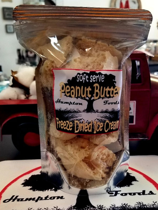 Indulge in the Ultimate Gourmet Treat Anytime, Anywhere! Craving a luxurious dessert but don't want to deal with melting ice cream or the hassle of refrigeration? Look no further than Hampton Foods' Peanut Butter Freeze Dried Ice Cream; rich, creamy goodness of traditional peanut butter ice cream.