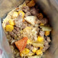 Enjoy the delicious taste of Matt's Hamburger Stew, a hearty freeze-dried meal with ground beef, sweet corn, potatoes, green beans, and carrots. Perfect for trail meals, home-cooked lunches, or long-term storage with a 25-year shelf life. Convenient resealable bags in 2 and 4 servings.