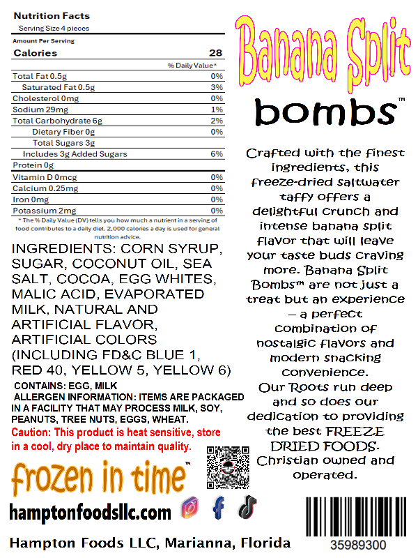 Discover Banana Split Bombs™ by Hampton Foods! This gourmet freeze-dried saltwater taffy offers a light crunch with intense banana split flavor. Made with premium ingredients, these unique treats are perfect for on-the-go snacking. Order now and enjoy the best in freeze-dried taffy!