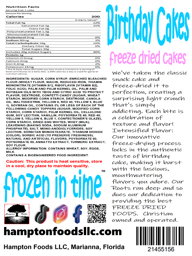 Introducing Hampton Foods' Newest Sensation: Birthday Cakes - A Celebration in Every Bite! Hampton Foods proudly presents "Birthday Cakes" – the snack sensation that will have your taste buds dancing with delight! Imagine your favorite snack cake, with a freeze-dried twist that takes the taste to a whole new level! 